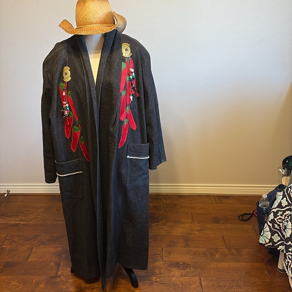Stylish Black Trench Coat with Red Embroidery